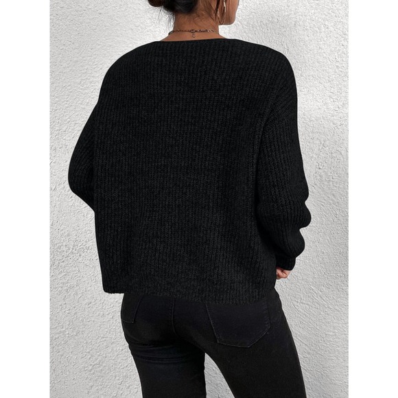 V neck Drop Shoulder Ribbed Knit Sweater black oversized - Picture 2 of 8